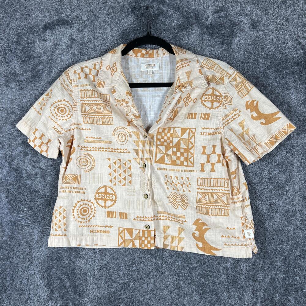 Roark Hinano Shirt Womens S Beige Geometric Cotton Linen Relaxed Button Up Crop